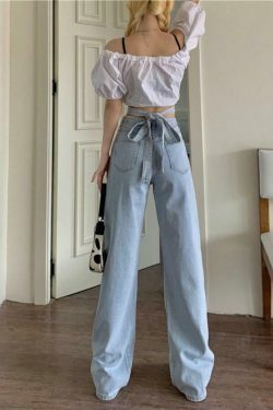 Celestial Sky Tie-Front Y2K Jeans - Coquette Aesthetic Grunge Style Women's Fashion