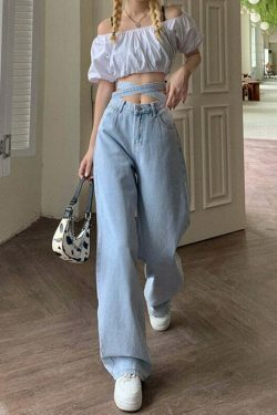 Celestial Sky Tie-Front Y2K Jeans - Coquette Aesthetic Grunge Style Women's Fashion