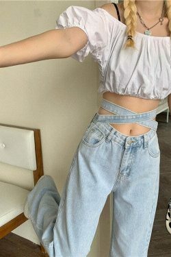 Celestial Sky Tie-Front Y2K Jeans - Coquette Aesthetic Grunge Style Women's Fashion