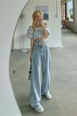 Celestial Sky Tie-Front Y2K Jeans - Coquette Aesthetic Grunge Style Women's Fashion