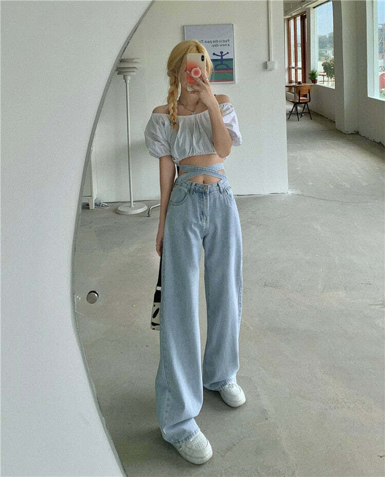 Celestial Sky Tie-Front Y2K Jeans - Coquette Aesthetic Grunge Style Women's Fashion Celestial Sky Tie-Front Y2K Jeans - Coquette Aesthetic Grunge Style Women's Fashion