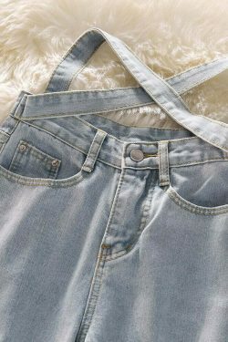 Celestial Sky Tie-Front Y2K Jeans - Coquette Aesthetic Grunge Style Women's Fashion