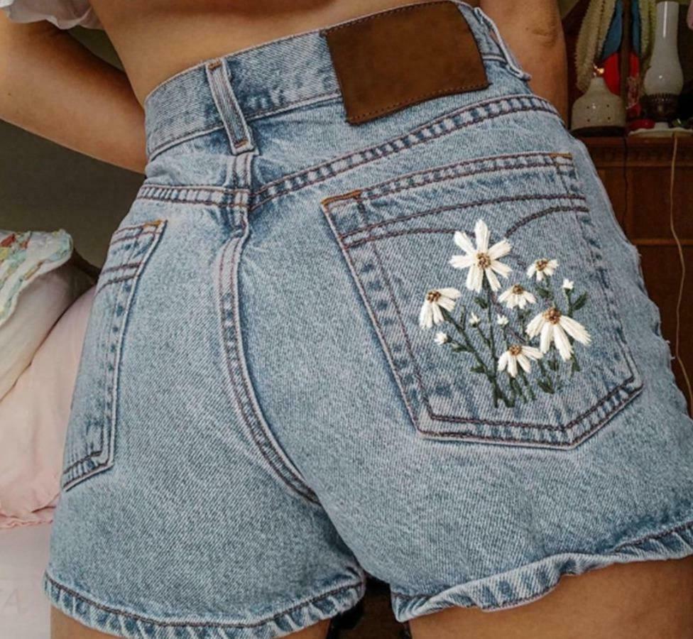 Chamomile Embroidered Denim Shorts - Y2K Coquette & Grunge Aesthetic Chamomile Embroidered Denim Shorts - Y2K Coquette & Grunge Aesthetic