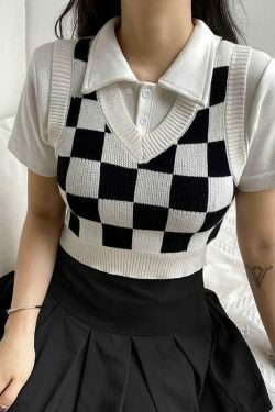 Check Board Knit Vest: Y2K Fashion with Coquette Aesthetic, Grunge Style & Pastel Goth