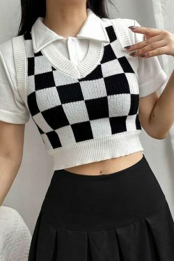 Check Board Knit Vest: Y2K Fashion with Coquette Aesthetic, Grunge Style & Pastel Goth