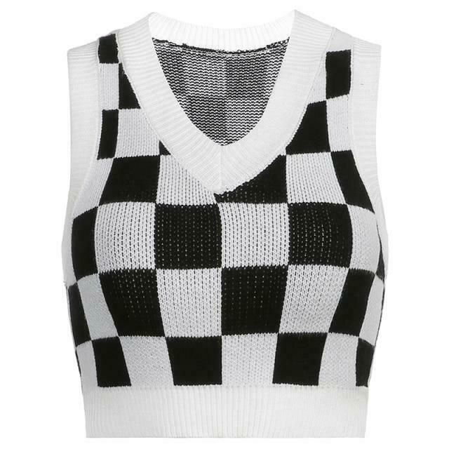 Check Board Knit Vest: Y2K Fashion with Coquette Aesthetic, Grunge Style & Pastel Goth Check Board Knit Vest: Y2K Fashion with Coquette Aesthetic, Grunge Style & Pastel Goth