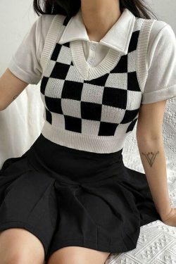 Check Board Knit Vest: Y2K Fashion with Coquette Aesthetic, Grunge Style & Pastel Goth