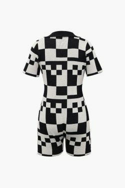Checkerboard Knit Romper: Y2K Fashion Statement with Coquette Aesthetic & Grunge Style