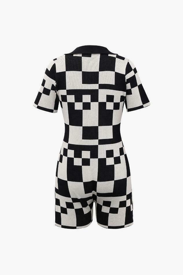 Checkerboard Knit Romper: Y2K Fashion Statement with Coquette Aesthetic & Grunge Style Checkerboard Knit Romper: Y2K Fashion Statement with Coquette Aesthetic & Grunge Style