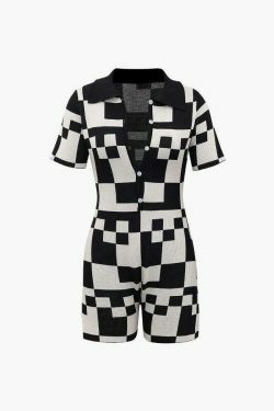 Checkerboard Knit Romper: Y2K Fashion Statement with Coquette Aesthetic & Grunge Style