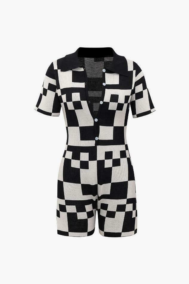 Checkerboard Knit Romper: Y2K Fashion Statement with Coquette Aesthetic & Grunge Style Checkerboard Knit Romper: Y2K Fashion Statement with Coquette Aesthetic & Grunge Style