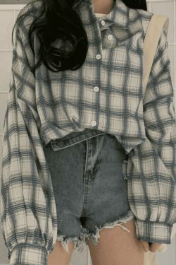 Checkered Puff Sleeve Button Blouse - Vintage Y2K Fashion with Coquette Aesthetic and Grunge Style