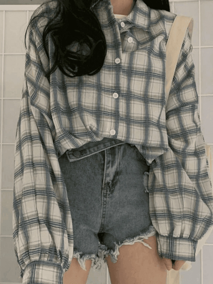 Checkered Puff Sleeve Button Blouse - Vintage Y2K Fashion with Coquette Aesthetic and Grunge Style Checkered Puff Sleeve Button Blouse - Vintage Y2K Fashion with Coquette Aesthetic and Grunge Style