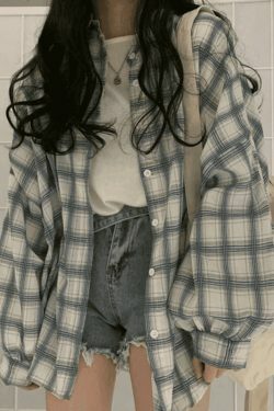 Checkered Puff Sleeve Button Blouse - Vintage Y2K Fashion with Coquette Aesthetic and Grunge Style