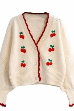 Cherry Embroidered Pointelle Knit Sweater - Y2K Fashion Coquette Aesthetic