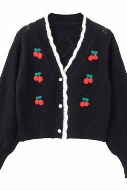 Cherry Embroidered Pointelle Knit Sweater - Y2K Fashion Coquette Aesthetic