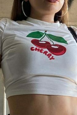Cherry Graphic Print Crop Top - Y2K Aesthetic Coquette Grunge Outfit