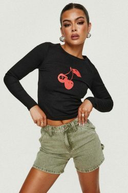 Cherry Print Small T-Shirt in Y2K Fashion Aesthetic for Women