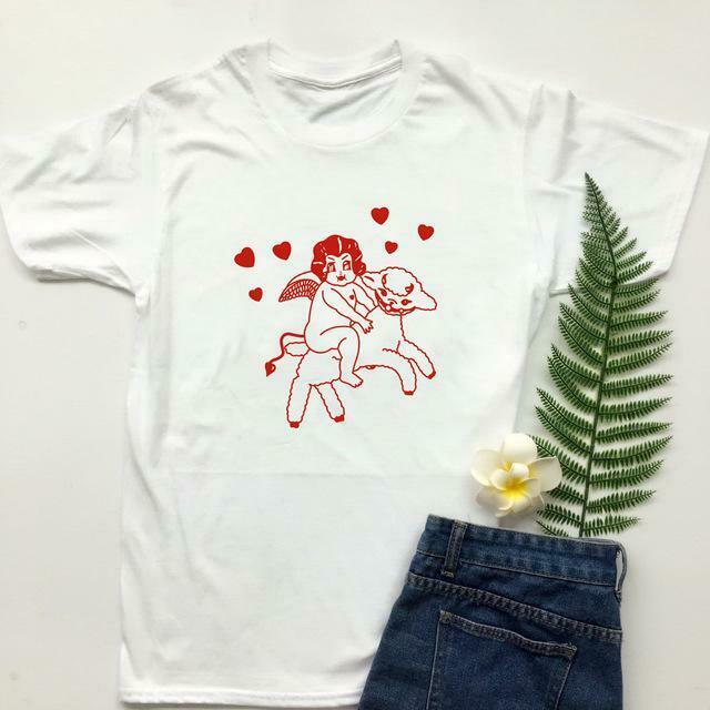 Cherub Lamb Graphic Tee - Y2K Fashion Aesthetic Top for Women - Coquette Style Grunge Outfit