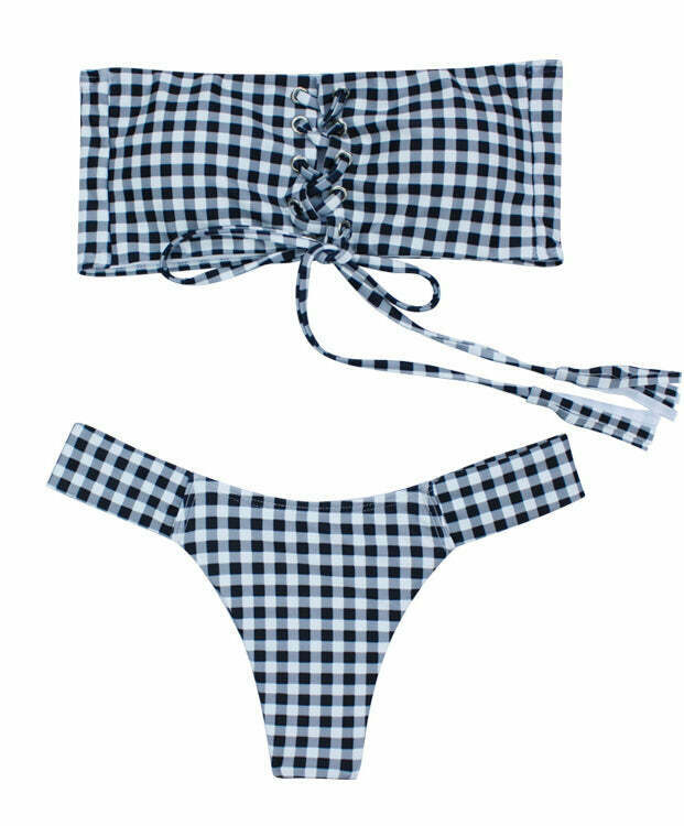 Chic Checked Lace Up Tank Bikini Set for Y2K Fashion Enthusiasts Chic Checked Lace Up Tank Bikini Set for Y2K Fashion Enthusiasts