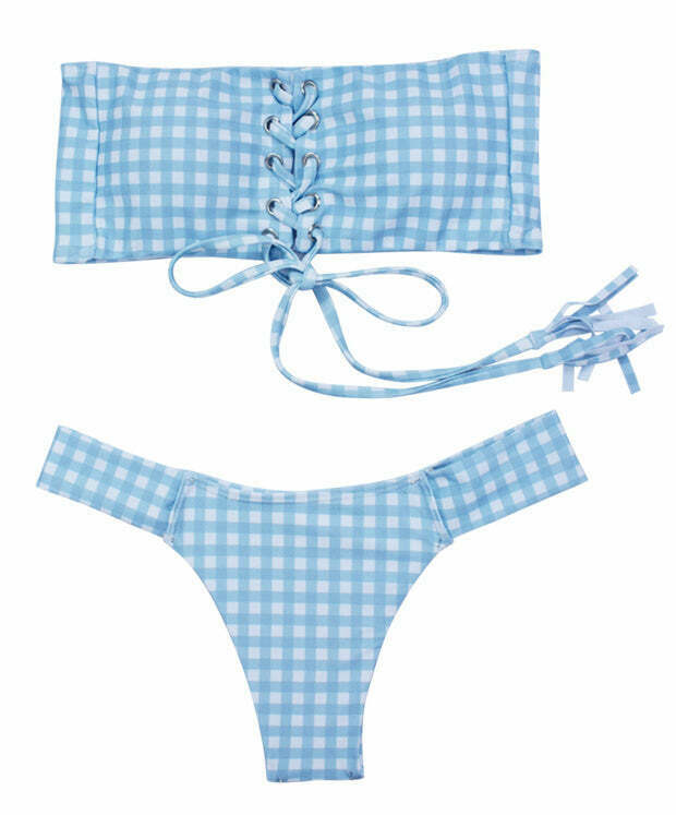 Chic Checked Lace Up Tank Bikini Set for Y2K Fashion Enthusiasts Chic Checked Lace Up Tank Bikini Set for Y2K Fashion Enthusiasts