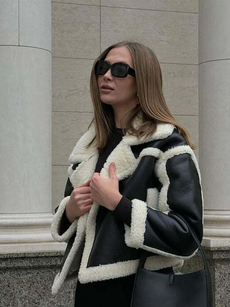 Chic Natalie Wool-Blend Leather Coat - Y2K Fashion Statement with Coquette Aesthetic & Grunge Style Chic Natalie Wool-Blend Leather Coat - Y2K Fashion Statement with Coquette Aesthetic & Grunge Style