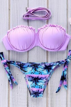 Coconut Palm Print Strapless Bikini Set for Y2K Fashion Enthusiasts