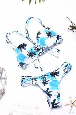 Coconut Tree Criss Cross Backless Push Up Bikini - Y2K Fashion Swimsuit
