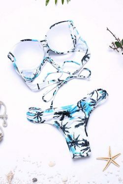 Coconut Tree Criss Cross Backless Push Up Bikini - Y2K Fashion Swimsuit