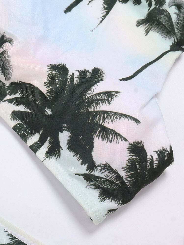 Coconut Tree Print Criss-Cross Tankini for Y2K Fashion Enthusiasts Coconut Tree Print Criss-Cross Tankini for Y2K Fashion Enthusiasts