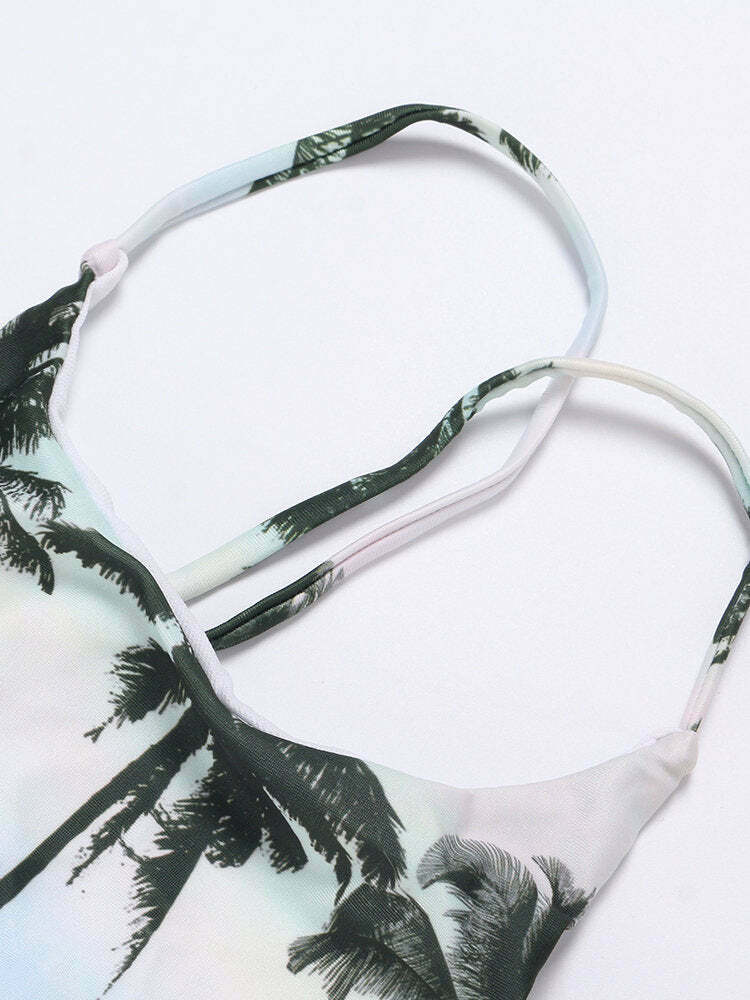 Coconut Tree Print Criss-Cross Tankini for Y2K Fashion Enthusiasts Coconut Tree Print Criss-Cross Tankini for Y2K Fashion Enthusiasts