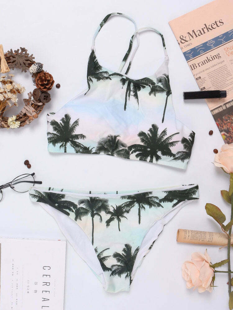 Coconut Tree Print Criss-Cross Tankini for Y2K Fashion Enthusiasts Coconut Tree Print Criss-Cross Tankini for Y2K Fashion Enthusiasts