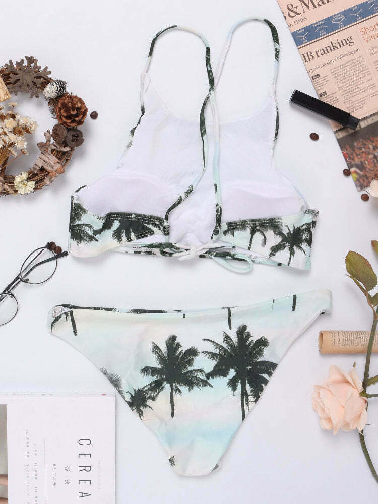 Coconut Tree Print Criss-Cross Tankini for Y2K Fashion Enthusiasts Coconut Tree Print Criss-Cross Tankini for Y2K Fashion Enthusiasts
