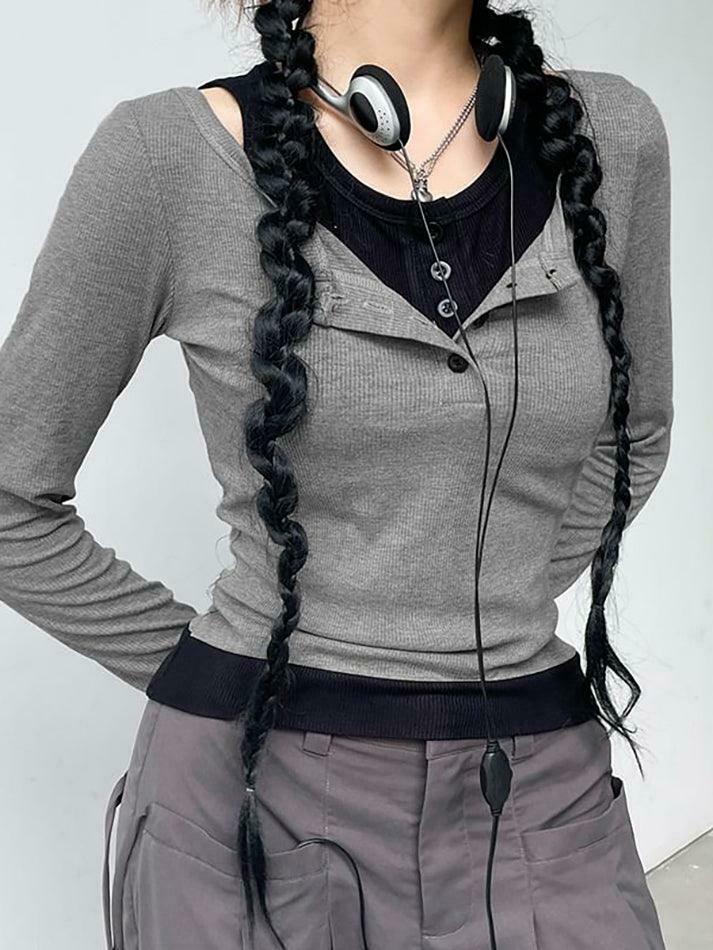 Color-Block Crop Top: Y2K Aesthetic Long Sleeve Mock Two Piece for Women