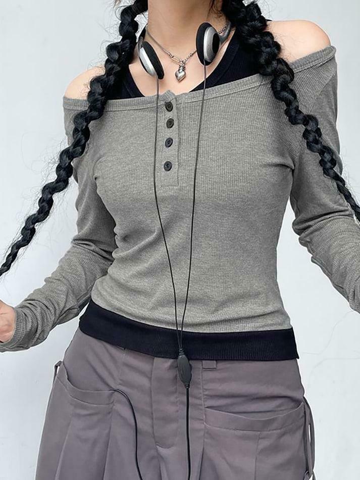 Color-Block Crop Top: Y2K Aesthetic Long Sleeve Mock Two Piece for Women