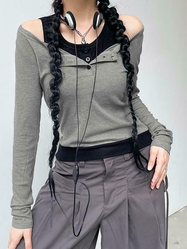 Color-Block Crop Top: Y2K Aesthetic Long Sleeve Mock Two Piece for Women