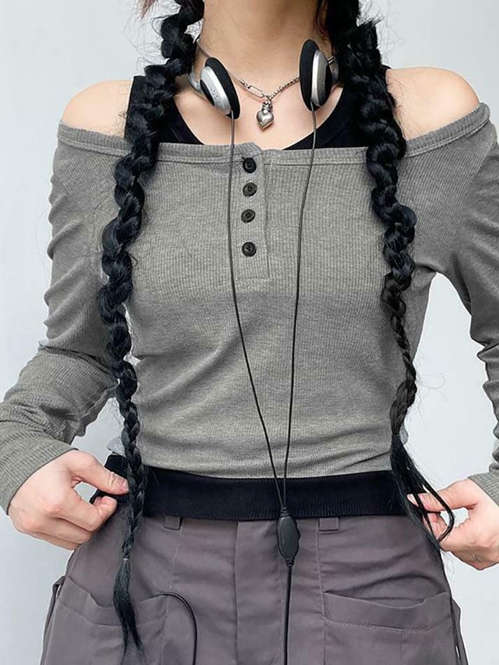 Color-Block Crop Top: Y2K Aesthetic Long Sleeve Mock Two Piece for Women