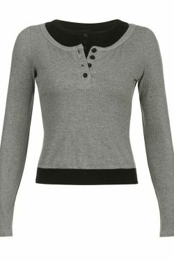 Color-Block Crop Top: Y2K Aesthetic Long Sleeve Mock Two Piece for Women