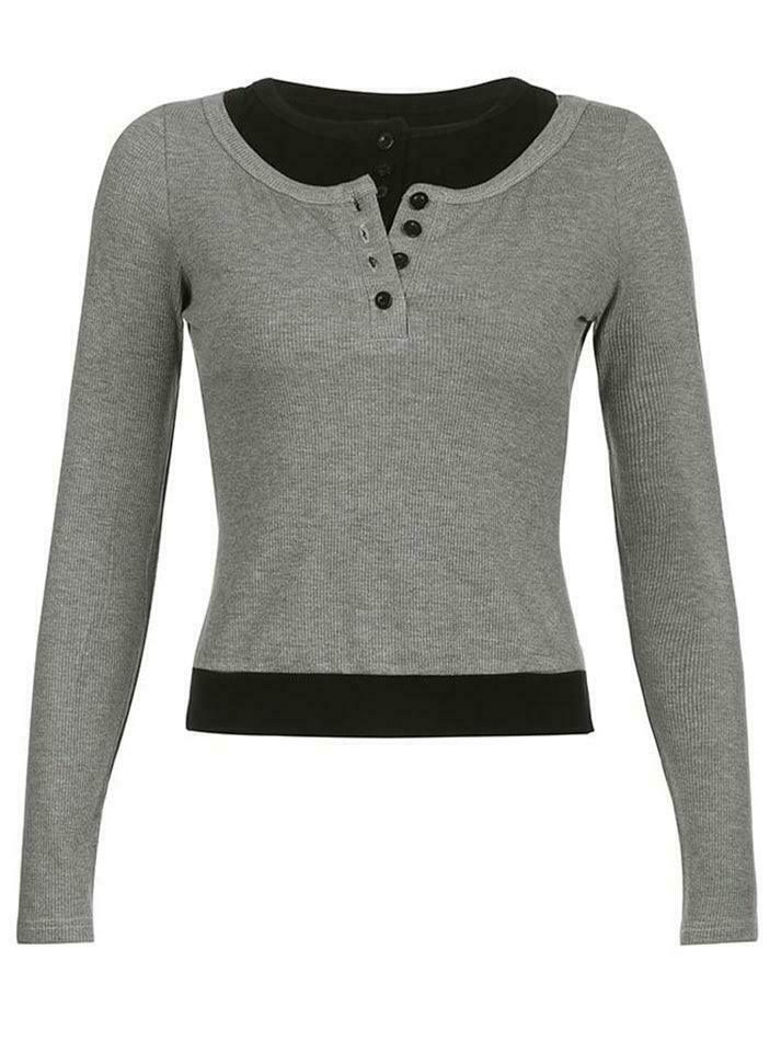 Color-Block Crop Top: Y2K Aesthetic Long Sleeve Mock Two Piece for Women