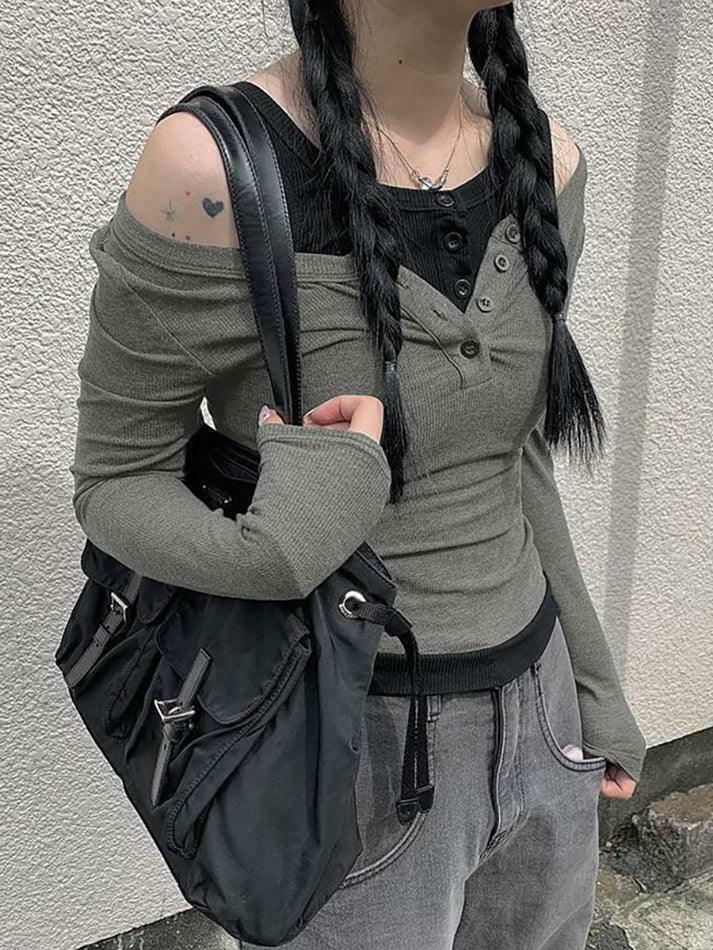 Color-Block Crop Top: Y2K Aesthetic Long Sleeve Mock Two Piece for Women