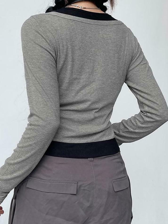 Color-Block Crop Top: Y2K Aesthetic Long Sleeve Mock Two Piece for Women