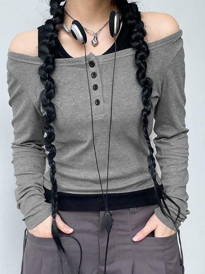 Color-Block Crop Top: Y2K Aesthetic Long Sleeve Mock Two Piece for Women