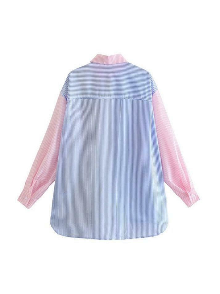 Colorful Pinstripe Splice Baggy Long Sleeve Blouse for Y2K Fashion Enthusiasts Colorful Pinstripe Splice Baggy Long Sleeve Blouse for Y2K Fashion Enthusiasts