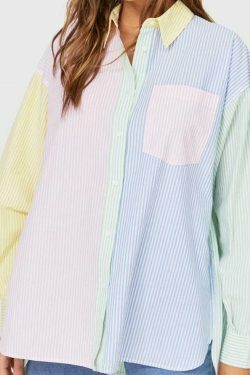 Colorful Pinstripe Splice Baggy Long Sleeve Blouse for Y2K Fashion Enthusiasts
