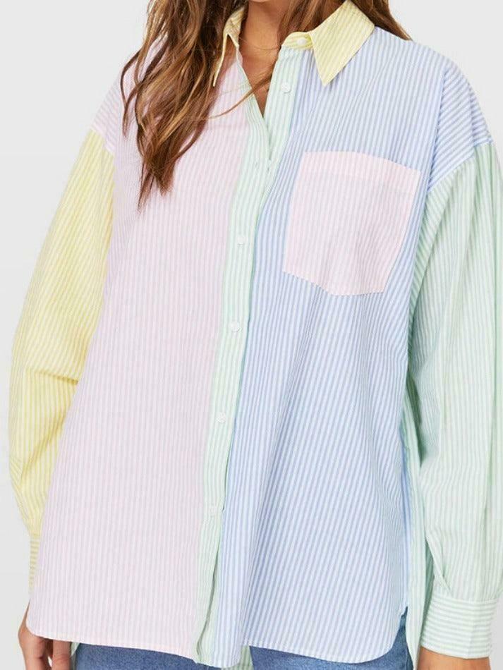 Colorful Pinstripe Splice Baggy Long Sleeve Blouse for Y2K Fashion Enthusiasts Colorful Pinstripe Splice Baggy Long Sleeve Blouse for Y2K Fashion Enthusiasts