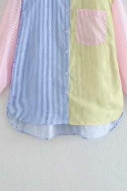 Colorful Pinstripe Splice Baggy Long Sleeve Blouse for Y2K Fashion Enthusiasts