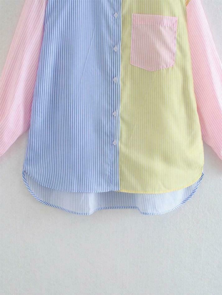 Colorful Pinstripe Splice Baggy Long Sleeve Blouse for Y2K Fashion Enthusiasts Colorful Pinstripe Splice Baggy Long Sleeve Blouse for Y2K Fashion Enthusiasts