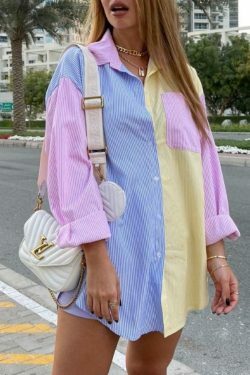 Colorful Pinstripe Splice Baggy Long Sleeve Blouse for Y2K Fashion Enthusiasts