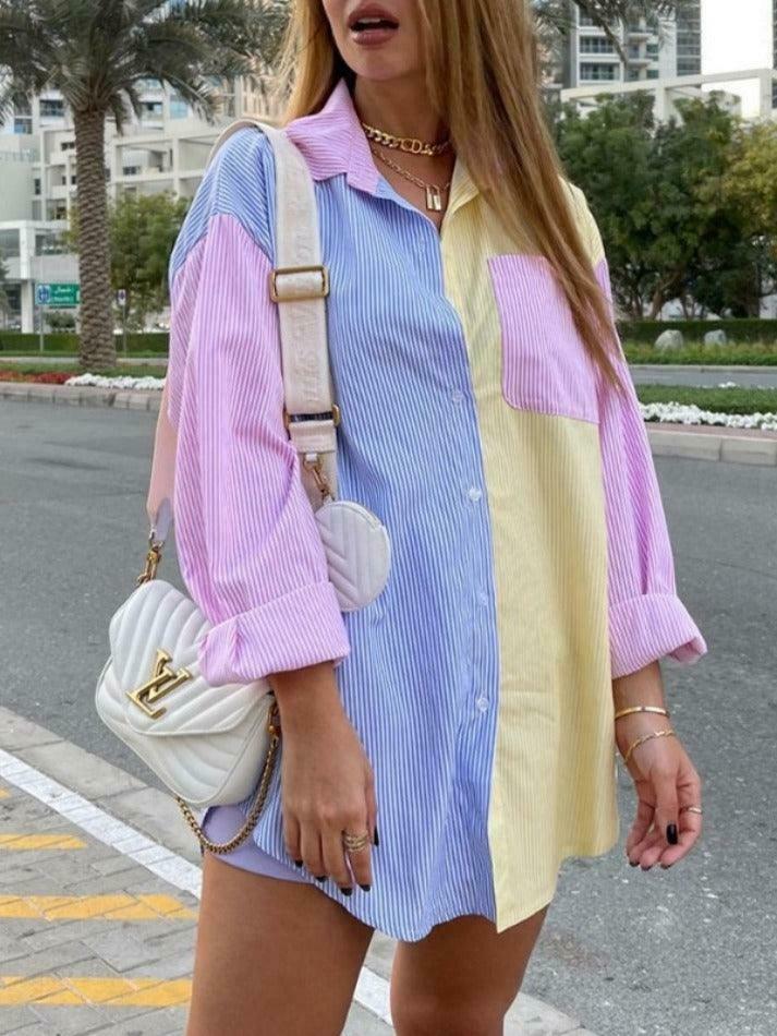 Colorful Pinstripe Splice Baggy Long Sleeve Blouse for Y2K Fashion Enthusiasts Colorful Pinstripe Splice Baggy Long Sleeve Blouse for Y2K Fashion Enthusiasts