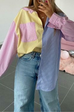 Colorful Pinstripe Splice Baggy Long Sleeve Blouse for Y2K Fashion Enthusiasts